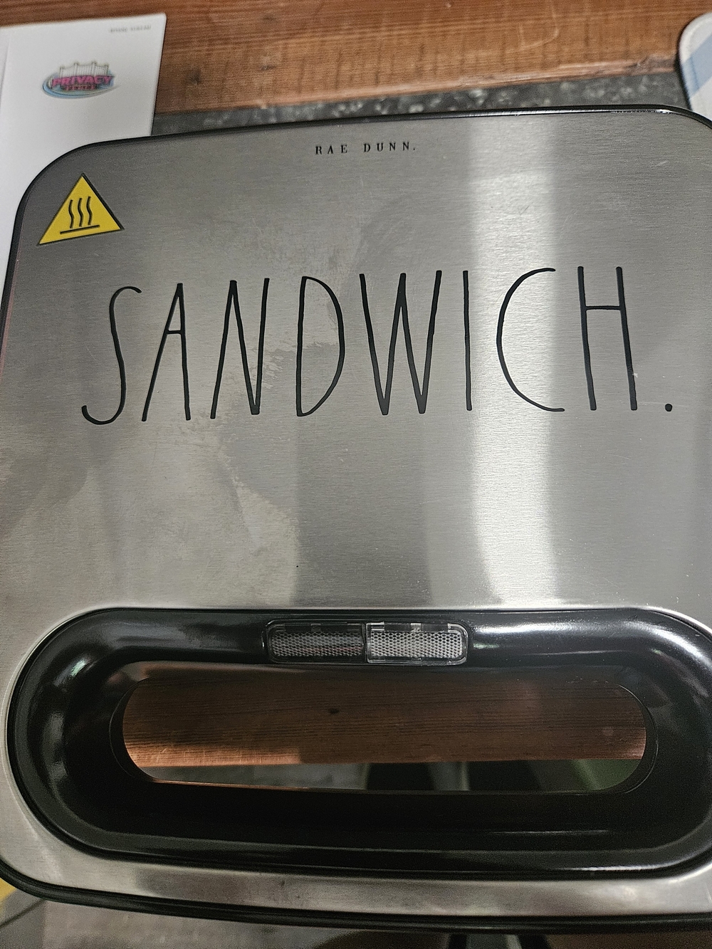 Rae Dunn Stainless Steel Sandwich Maker with Black Lettering